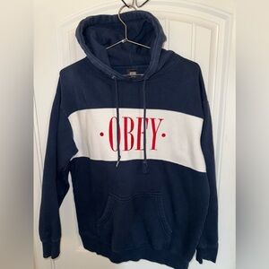 Obey Navy & Cream Hoodie With Red Logo Print Size medium